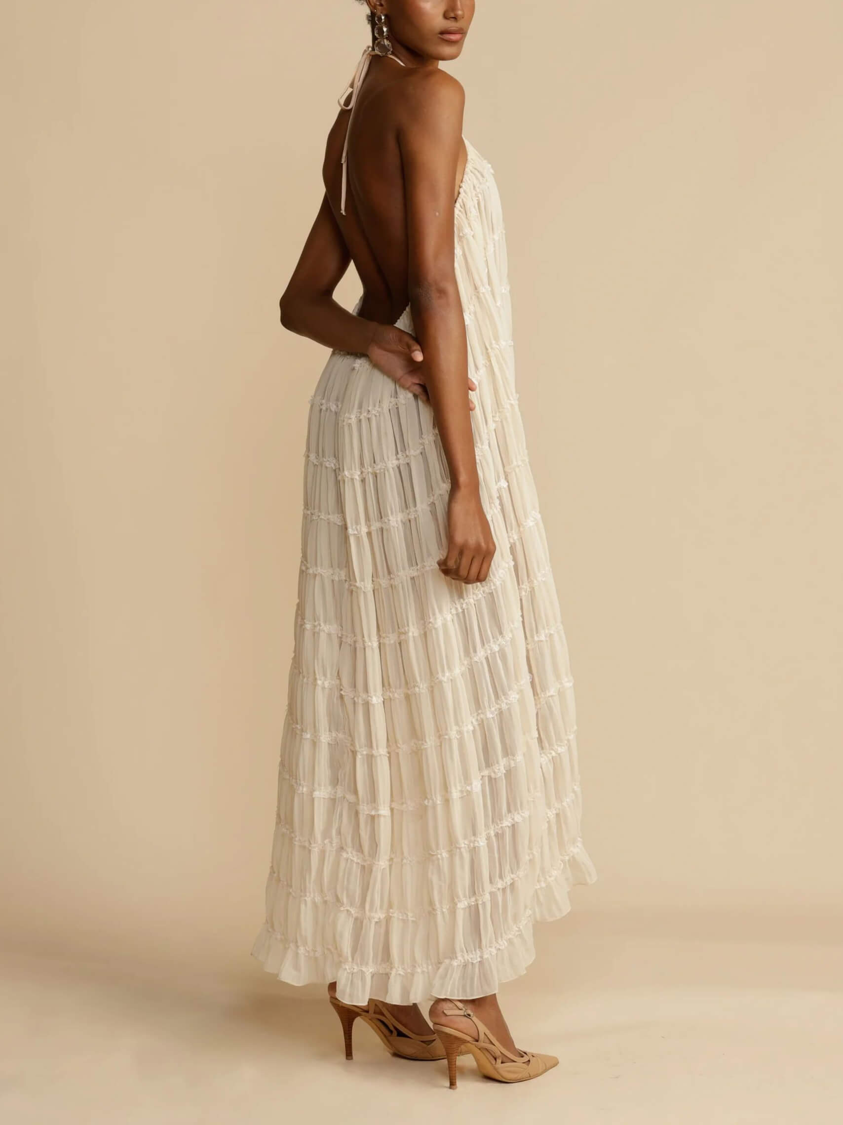 Callistari Charming Pleated Drawstring Waist Tiered Halterneck Midi Dress-CALLISTARI