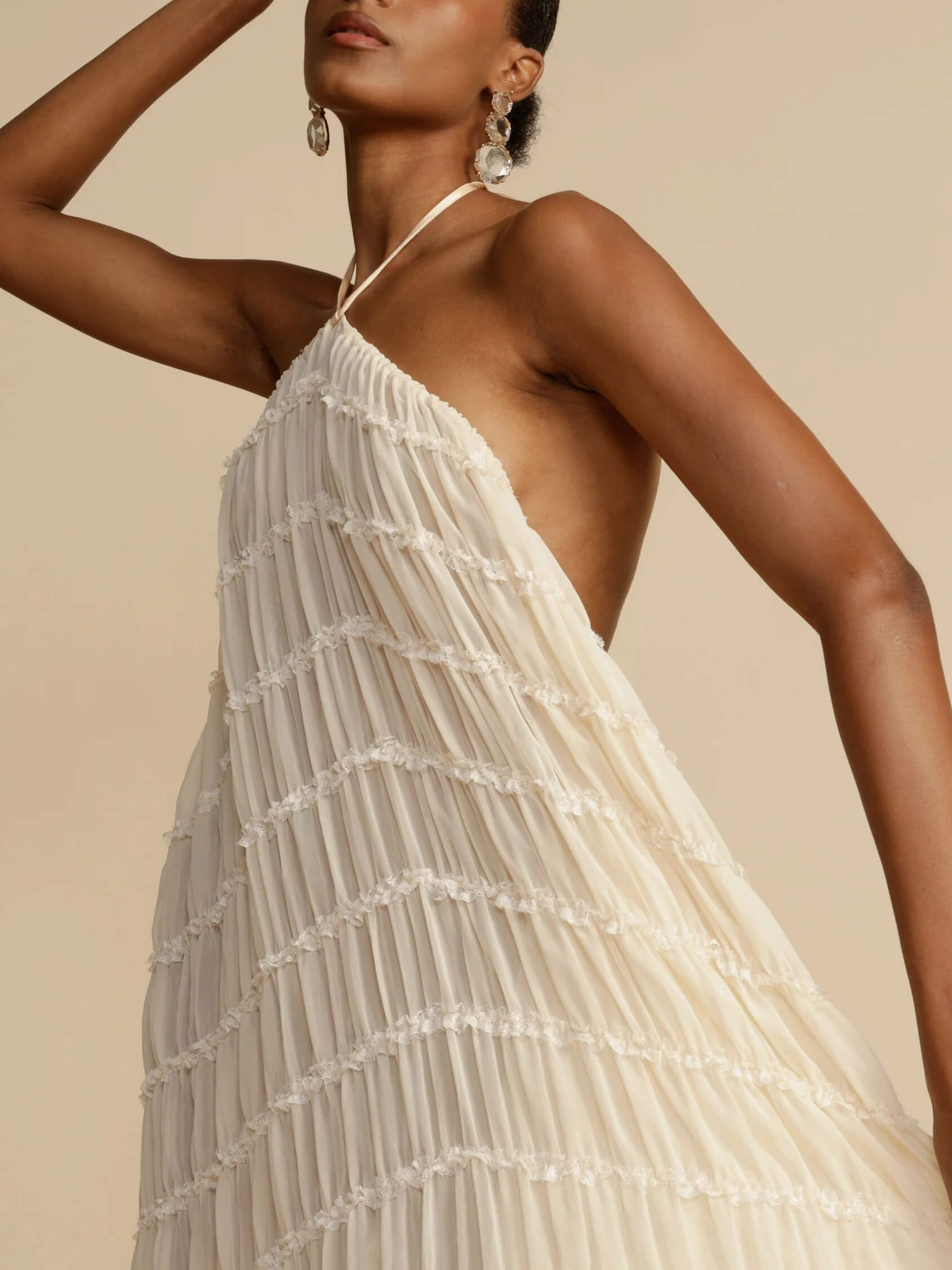 Callistari Charming Pleated Drawstring Waist Tiered Halterneck Midi Dress-CALLISTARI