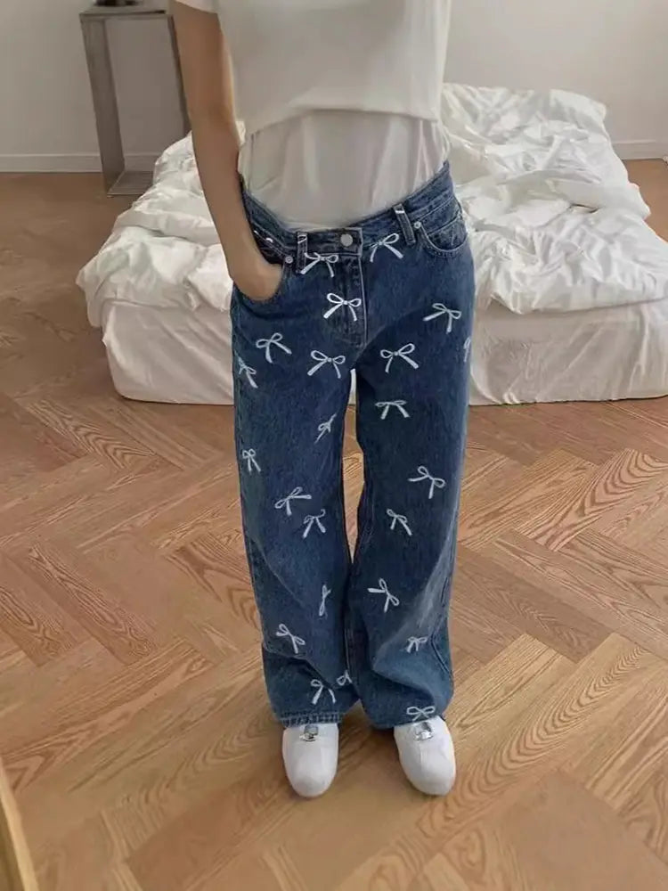 Bow Print Denim Pants-Massicos