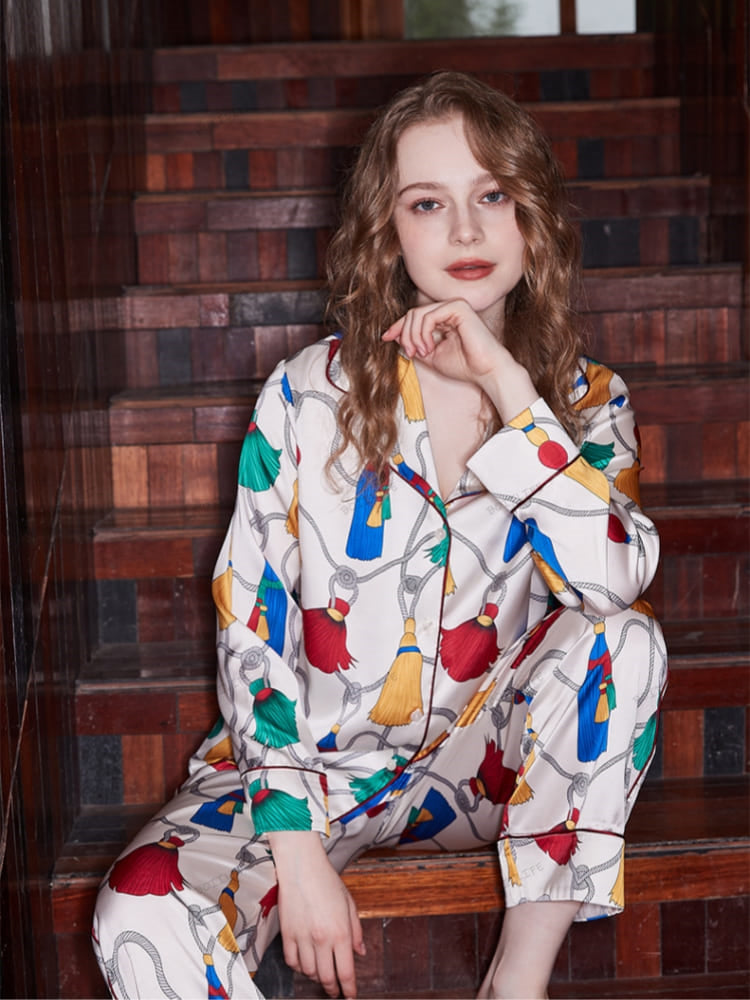 Fringed Pattern Ice Silk Long Sleeve Loungewear Set-Massicos