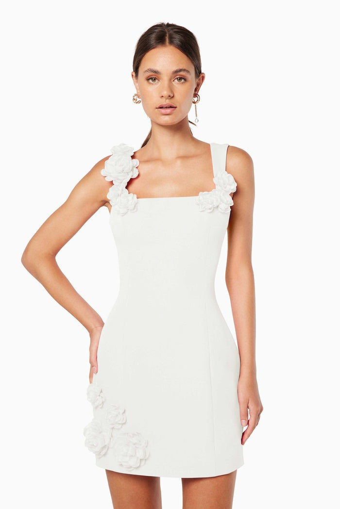 Solid Color 3D Floral Strap Mini Dress-ROVOLE