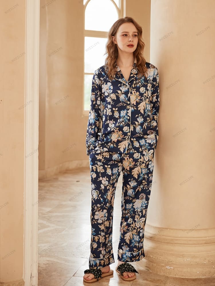 Begonia Flower Print Long-Sleeve Pajama Loungewear Set-Massicos