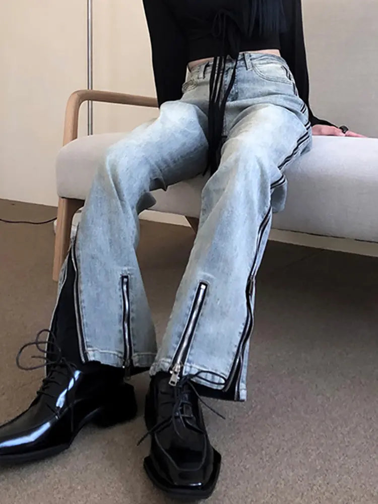Streetwear Flare Zipper Jeans-Massicos