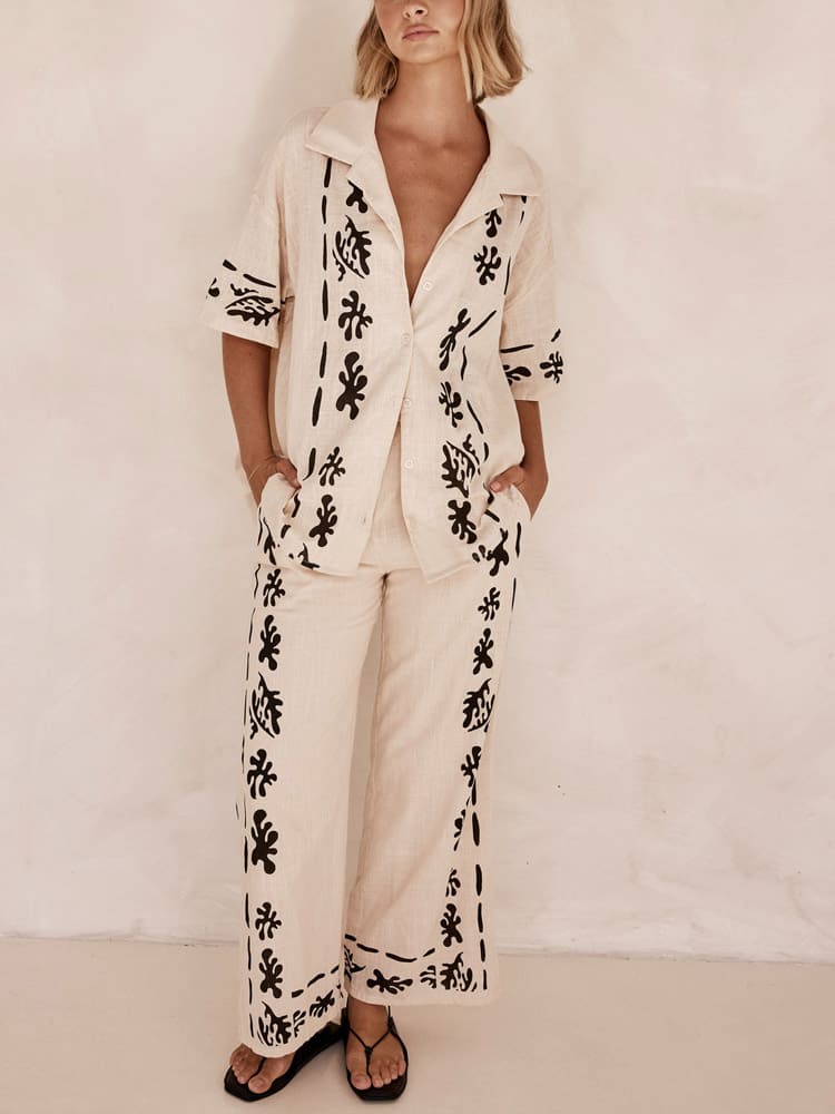 Black Printed Cream Wide Leg Pants-Set-Massicos