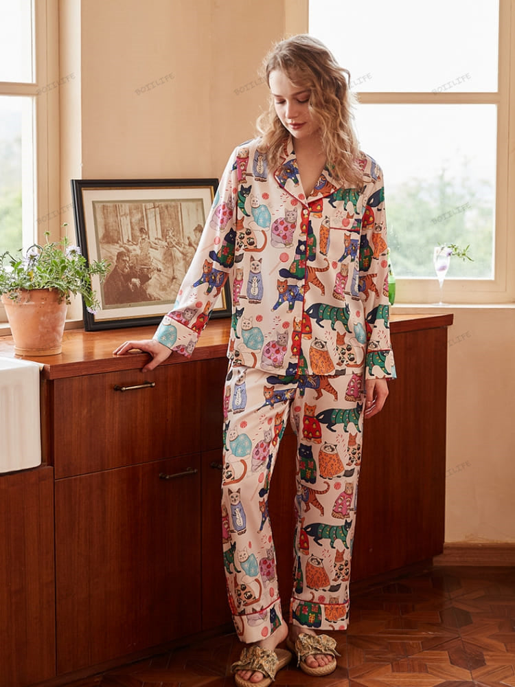 Cute Cat Print Ice Silk Long-Sleeve Pajama Set-Massicos