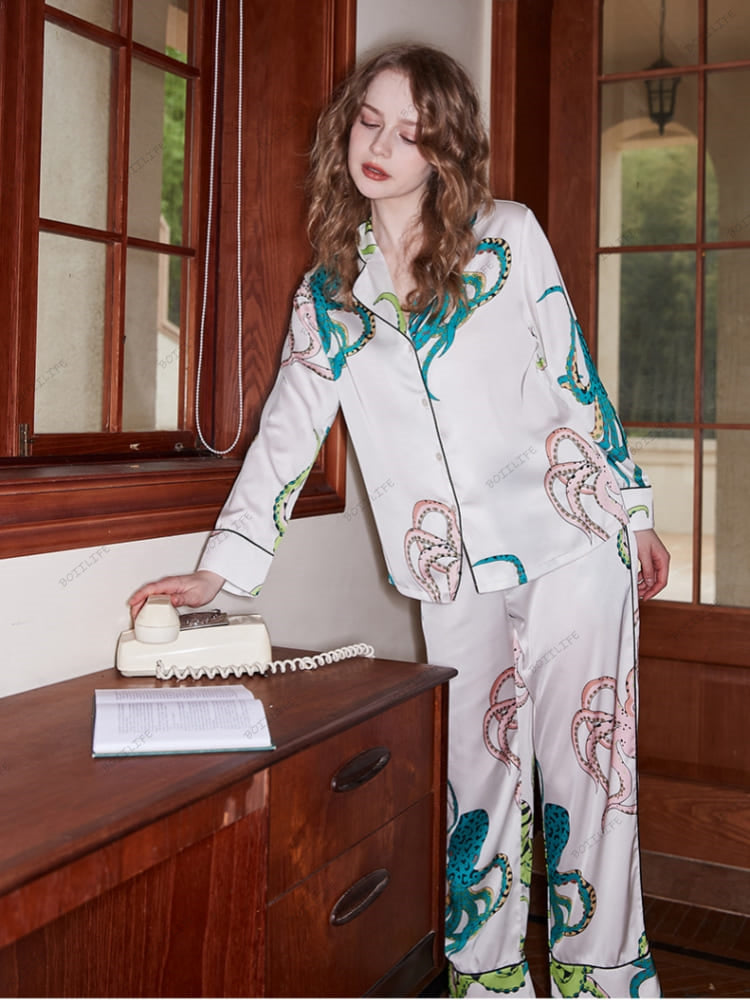 Octopus Print Ice Silk Long-Sleeve Loungewear Set - White-Massicos