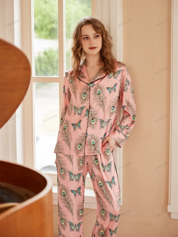 Phoenix Feather and Butterfly Print Long-Sleeve Pajama Set-Massicos