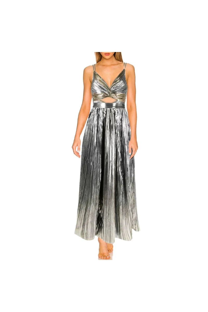 Cutout Silver Patchwork One-Piece with Skirt-ROVOLE