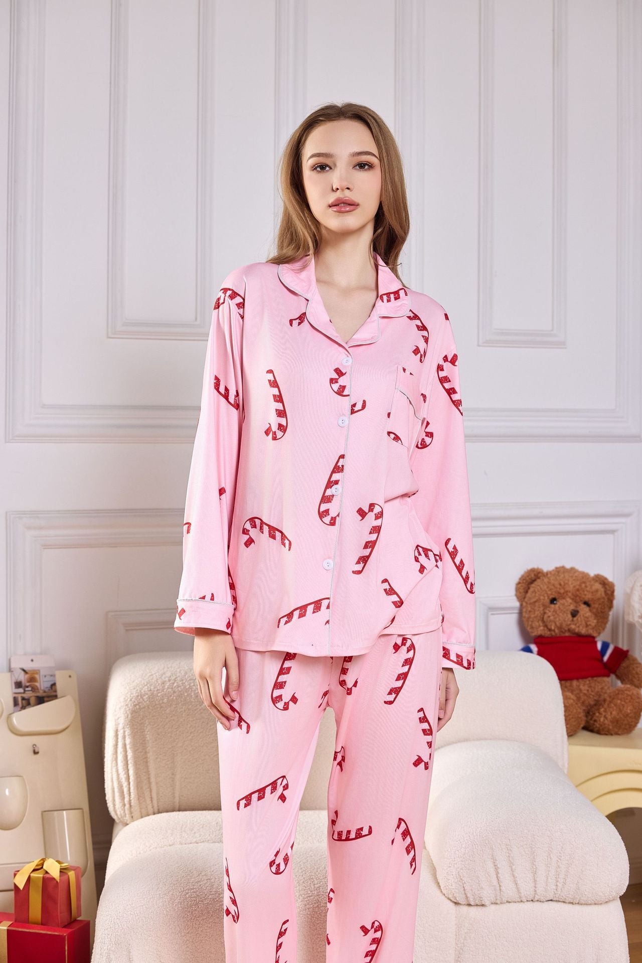 Pink Candy Cane Print Satin Long PJ Set-ROVOLE