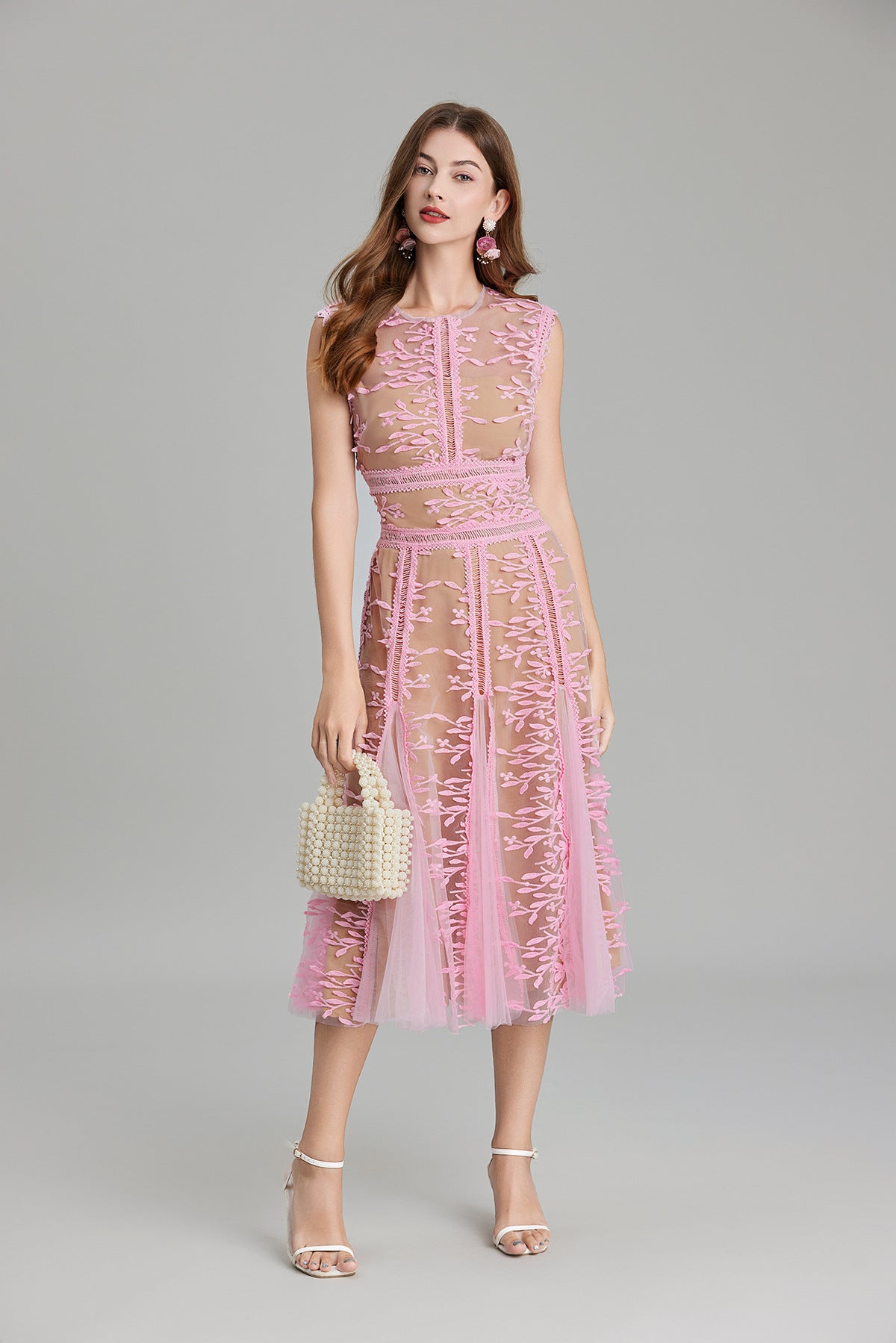 Maëlle Round Neck Mesh Embroidered Midi Dress In Beige-ROVOLE