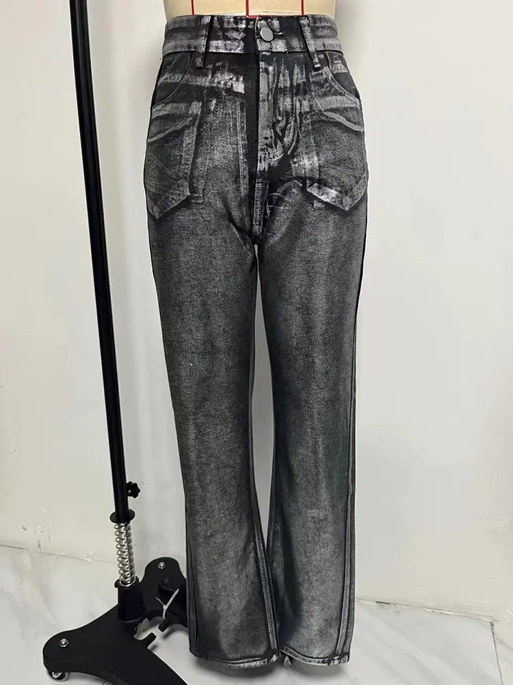 Metallic Accent High-Waist Jeans-Massicos