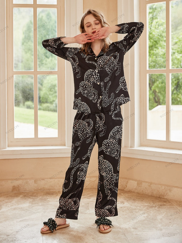 Black Jaguar Print Silk Ice Long-Sleeve Pajama Set-Massicos