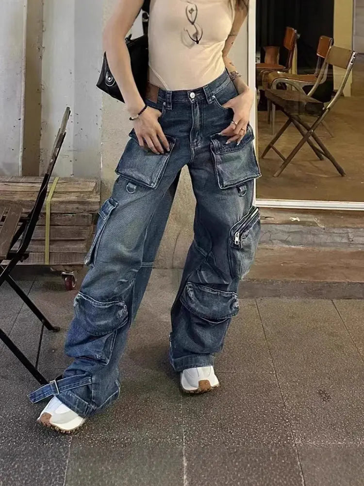 Vintage Multi-Pocket Denim Work Pants-Massicos