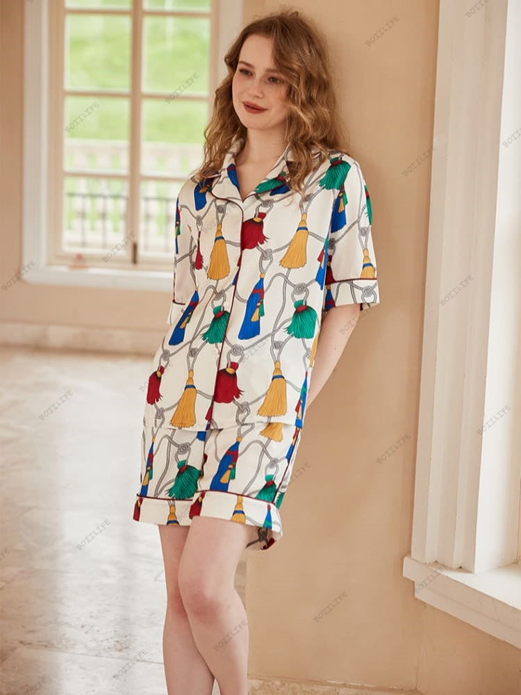 Fringe Pattern Ice Silk Short-Sleeve Loungewear Set-Massicos