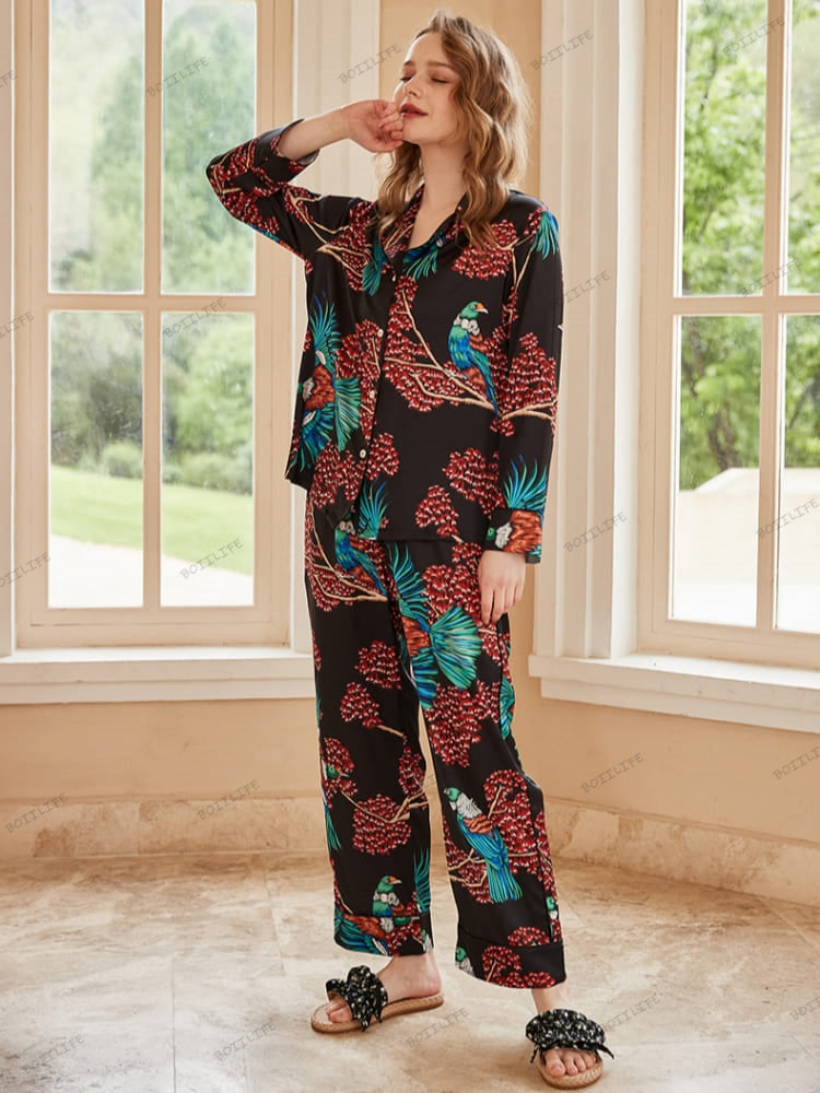 Bird of Paradise Pattern Ice Silk Long Sleeve Pajama Set-Massicos