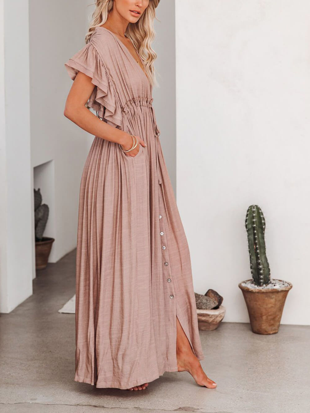 Button Cotton Linen Perfect Beach Boho Maxi Dress-Massicos