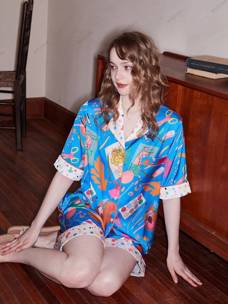 Stationery Print Casual Short-Sleeve Loungewear Set - Blue-Massicos