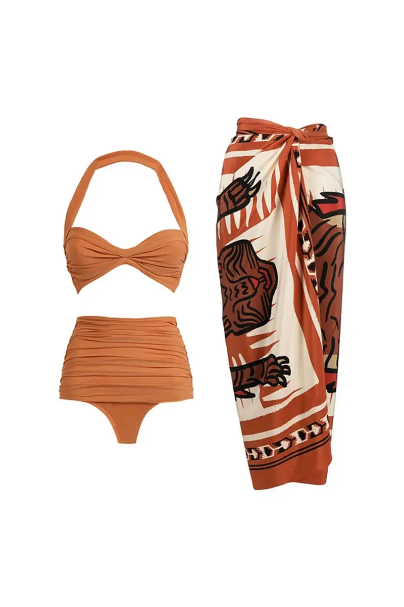 Halter Mesh Patchwork Vintage Bikini Set-ROVOLE