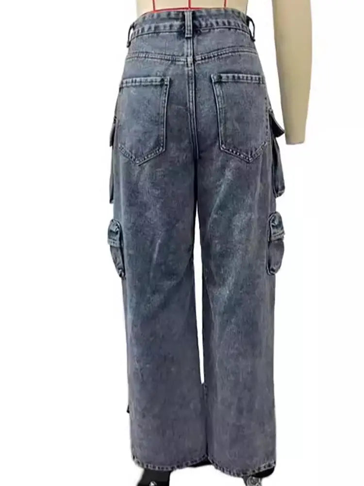 High-Waisted Cargo Jeans Trousers-Massicos