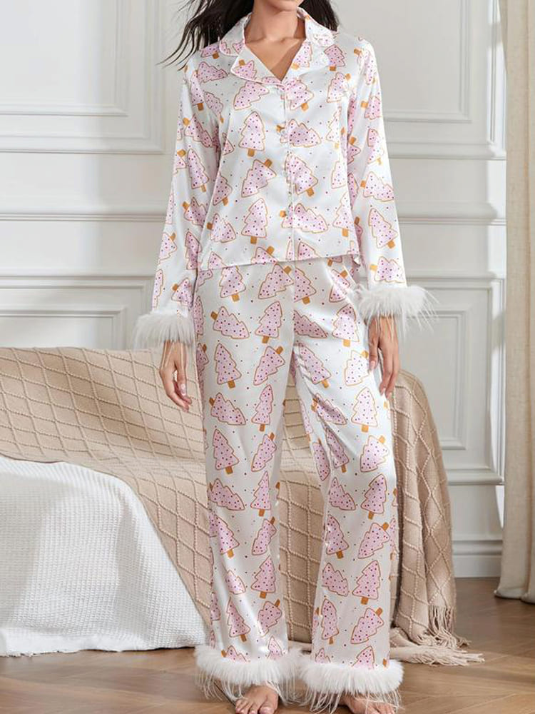 Christmas Tree Print Satin Pajama Set-Massicos
