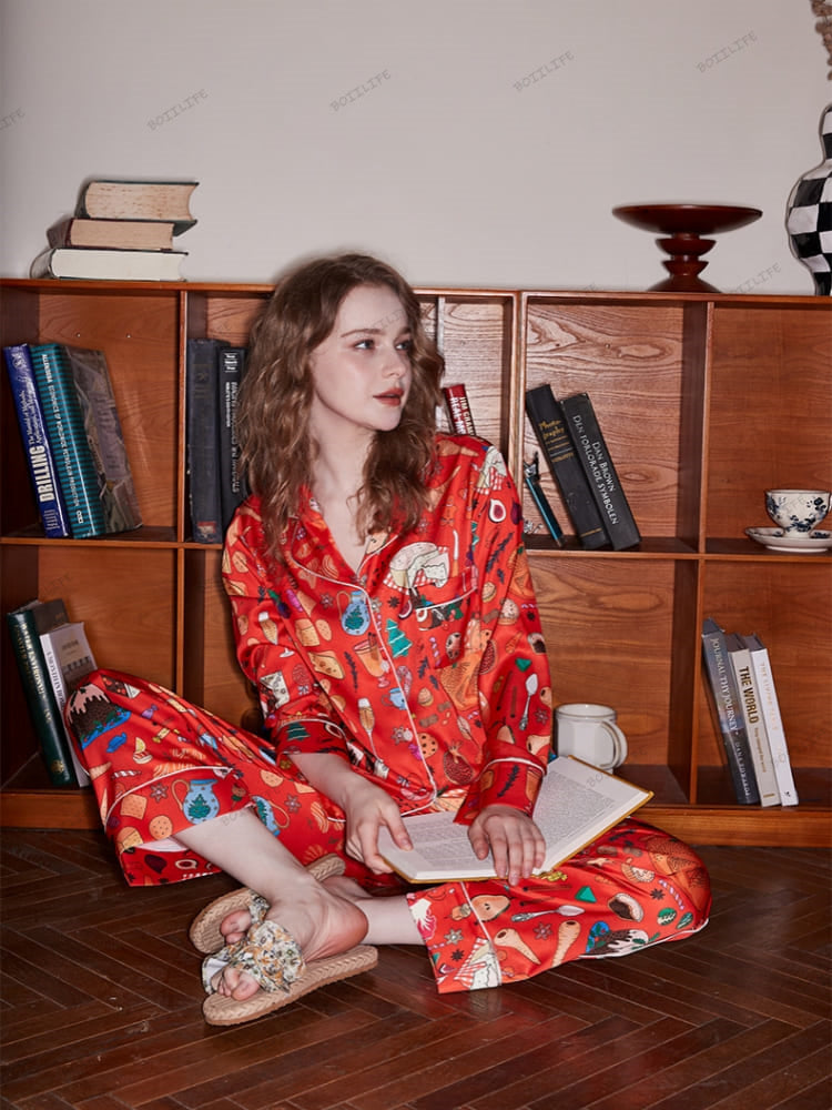 Dessert Print Long Sleeve Ice Silk Loungewear Set-Massicos