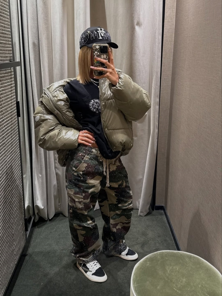 Camo Rhinestone Drawstring Cargo Pants-Massicos
