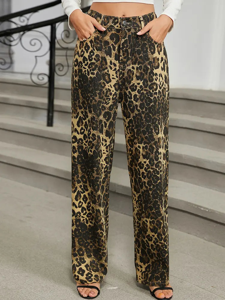 Fall Leopard Print Straight-Leg Jeans-Massicos