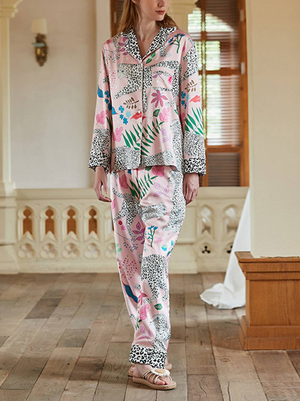 Dressing Pink Snow Leopard Silk Pajama Set-Massicos