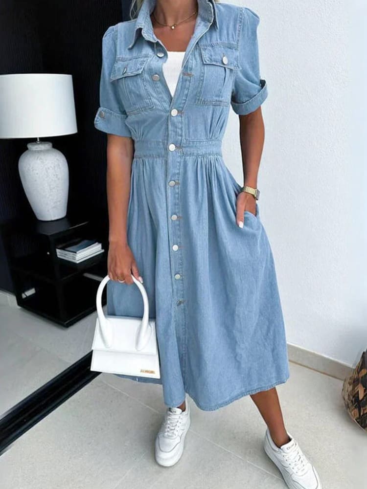 Collar Buttoned Slim Fit Denim Dress-Massicos