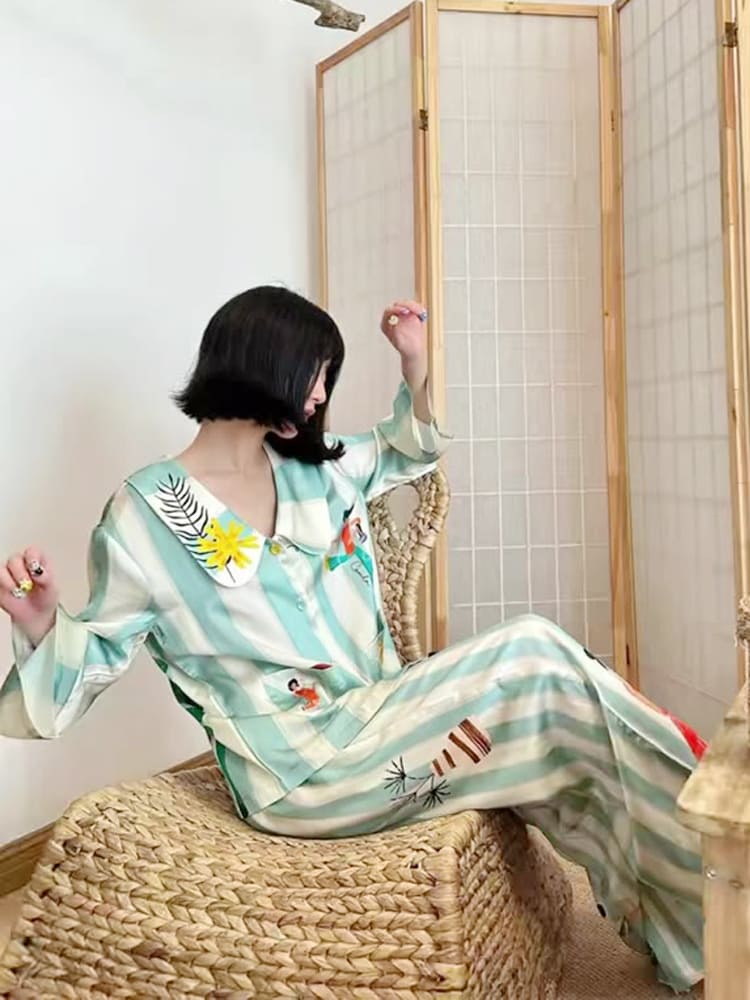 Homewear - Printed Ice Silk Long Sleeve Pajama Set-Massicos