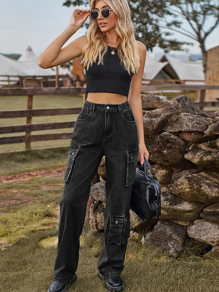 Washed Multi-Pocket Denim Pants-Massicos