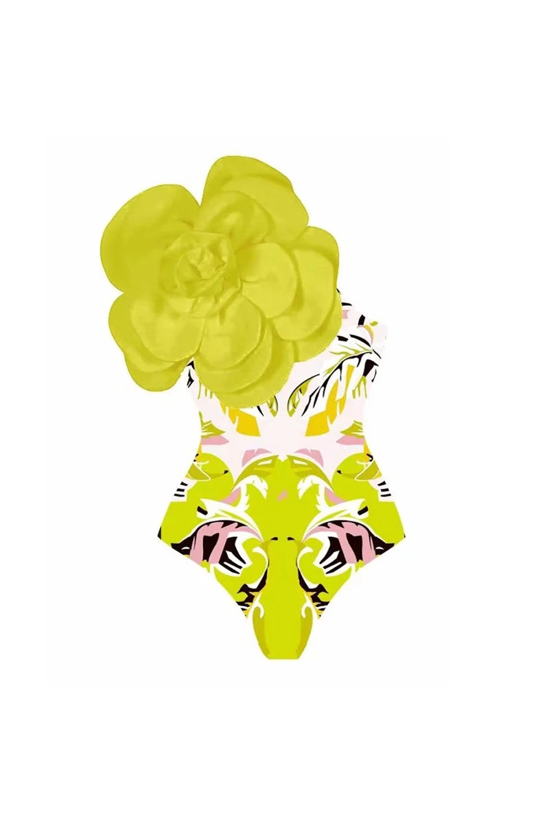 Floral Print One-Piece with 3D Yellow Flower-ROVOLE