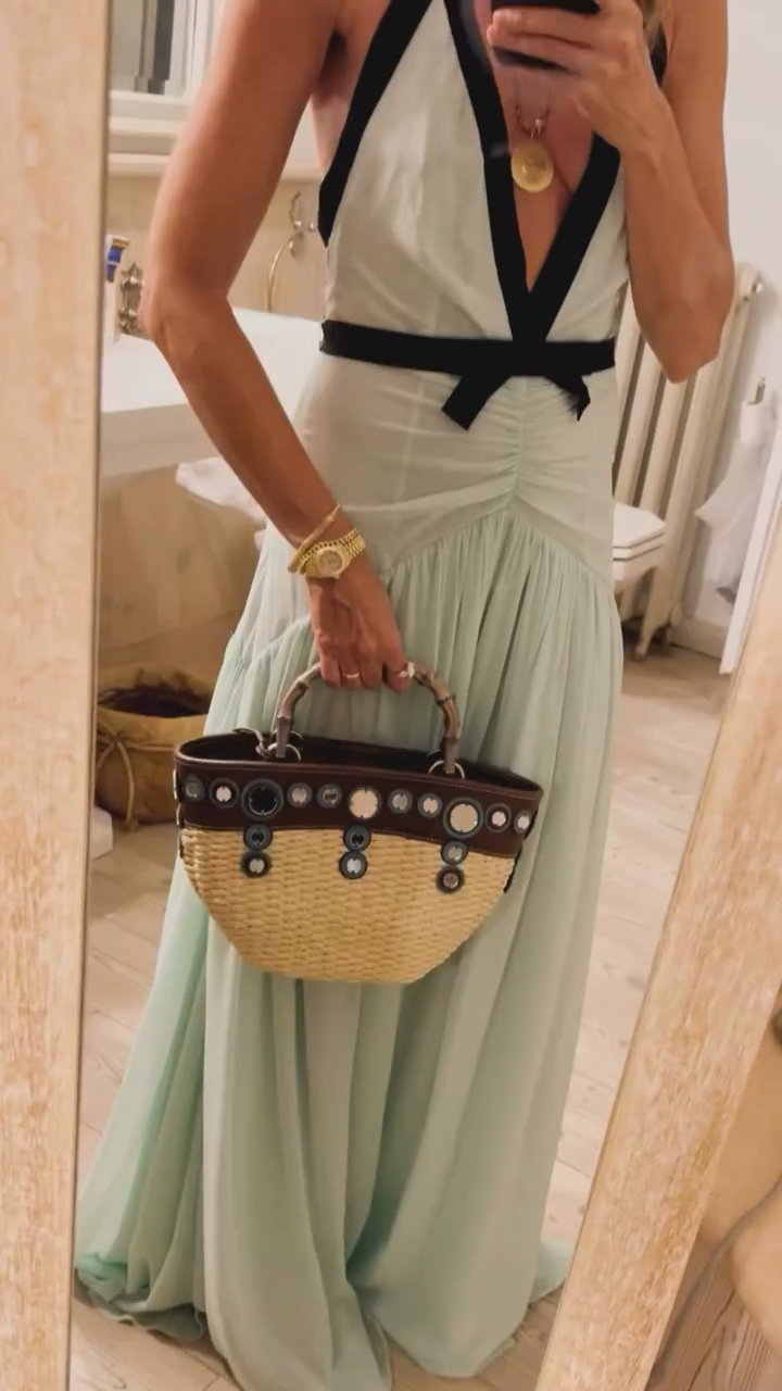 Mint Green Halter Maxi Dress with Black Trim-ROVOLE