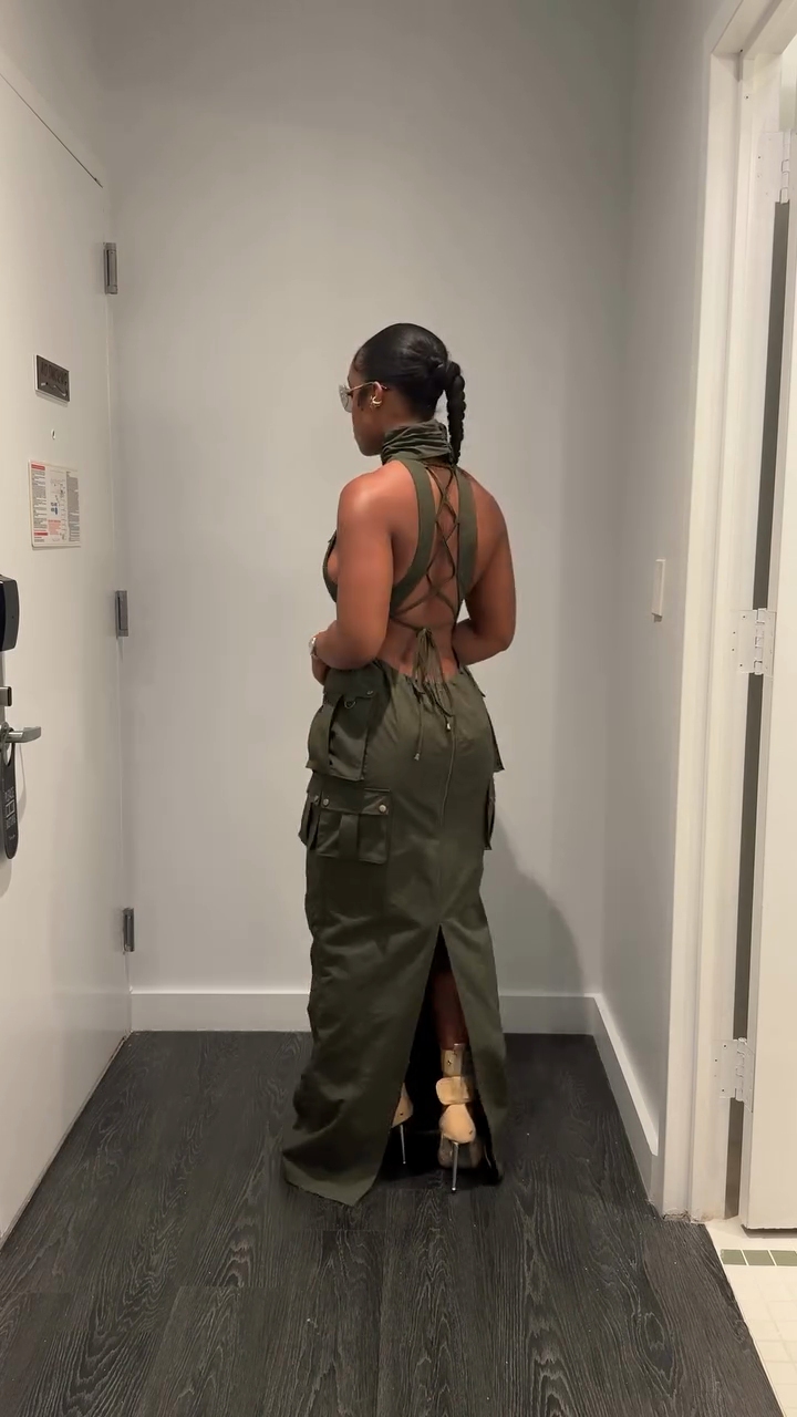 Olive Green Sleeveless High - Neck Maxi Dress-Massicos