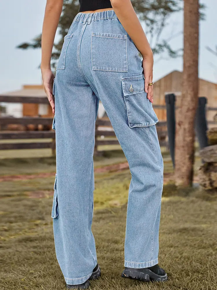 Washed Multi-Pocket Denim Pants-Massicos