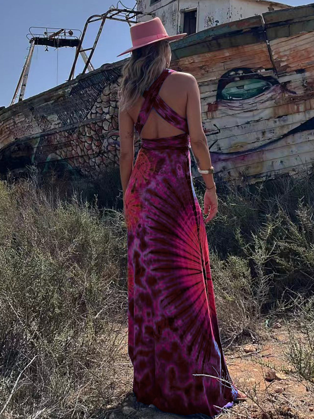 Tie-dye Print V-neck Cross Back Straps Stretch Maxi Dress-Massicos
