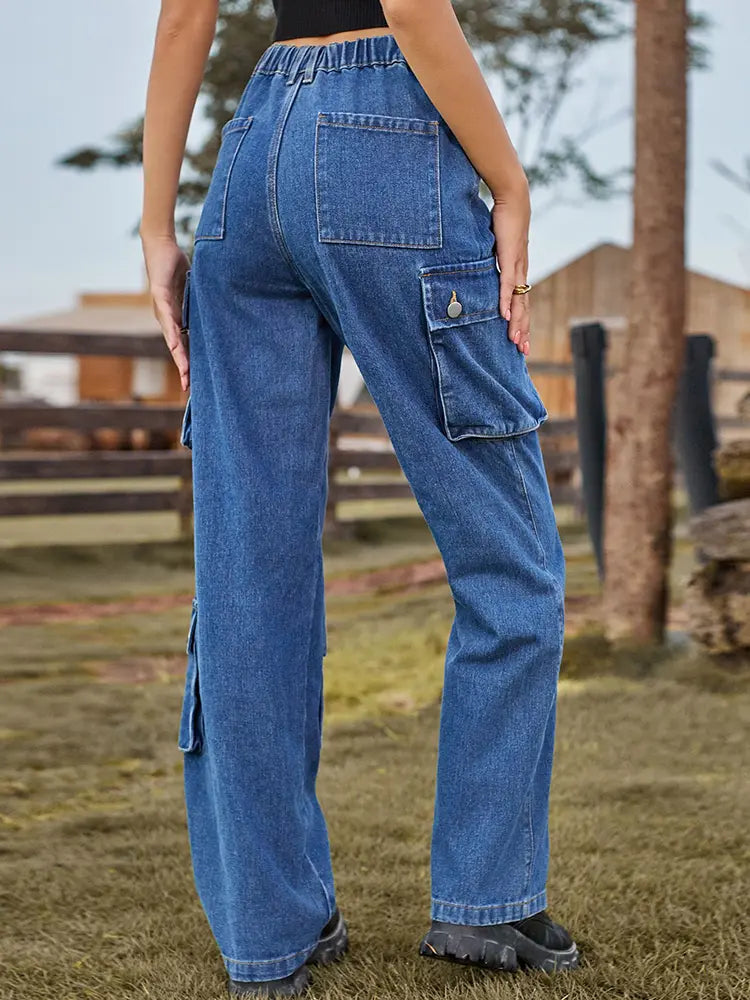 Washed Multi-Pocket Denim Pants-Massicos