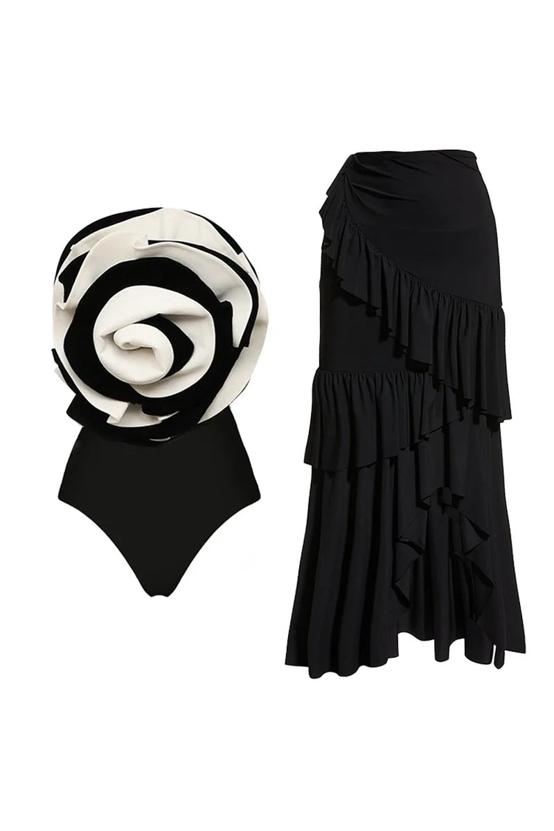 Black and White Floral Swimsuit Set-ROVOLE
