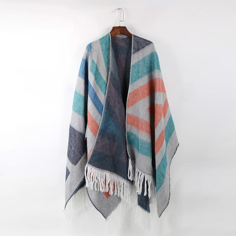 Striped color block tassel ponchos-Massicos