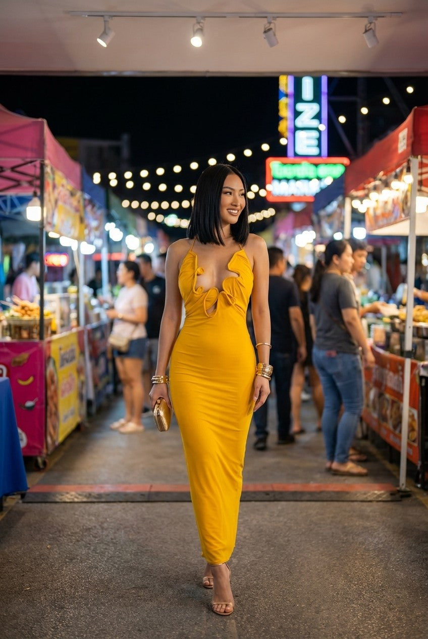 Women's Mustard Yellow Ruffled Cut-Out Maxi Dress Bodycon Evening Gown