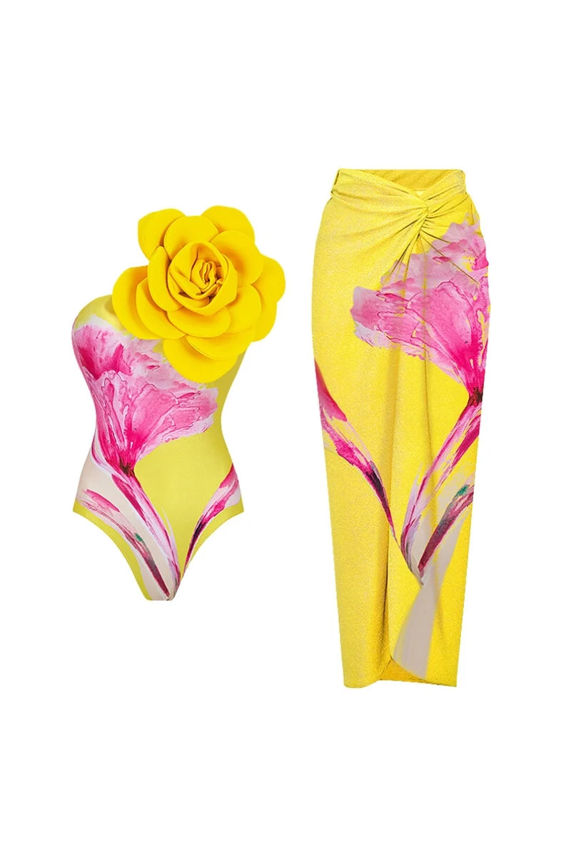 Floral Print Swimsuit with 3D Flower Detail-ROVOLE