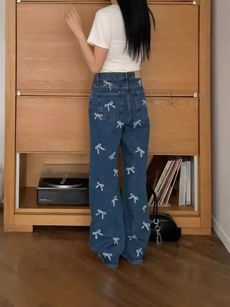 Bow Print Denim Pants-Massicos