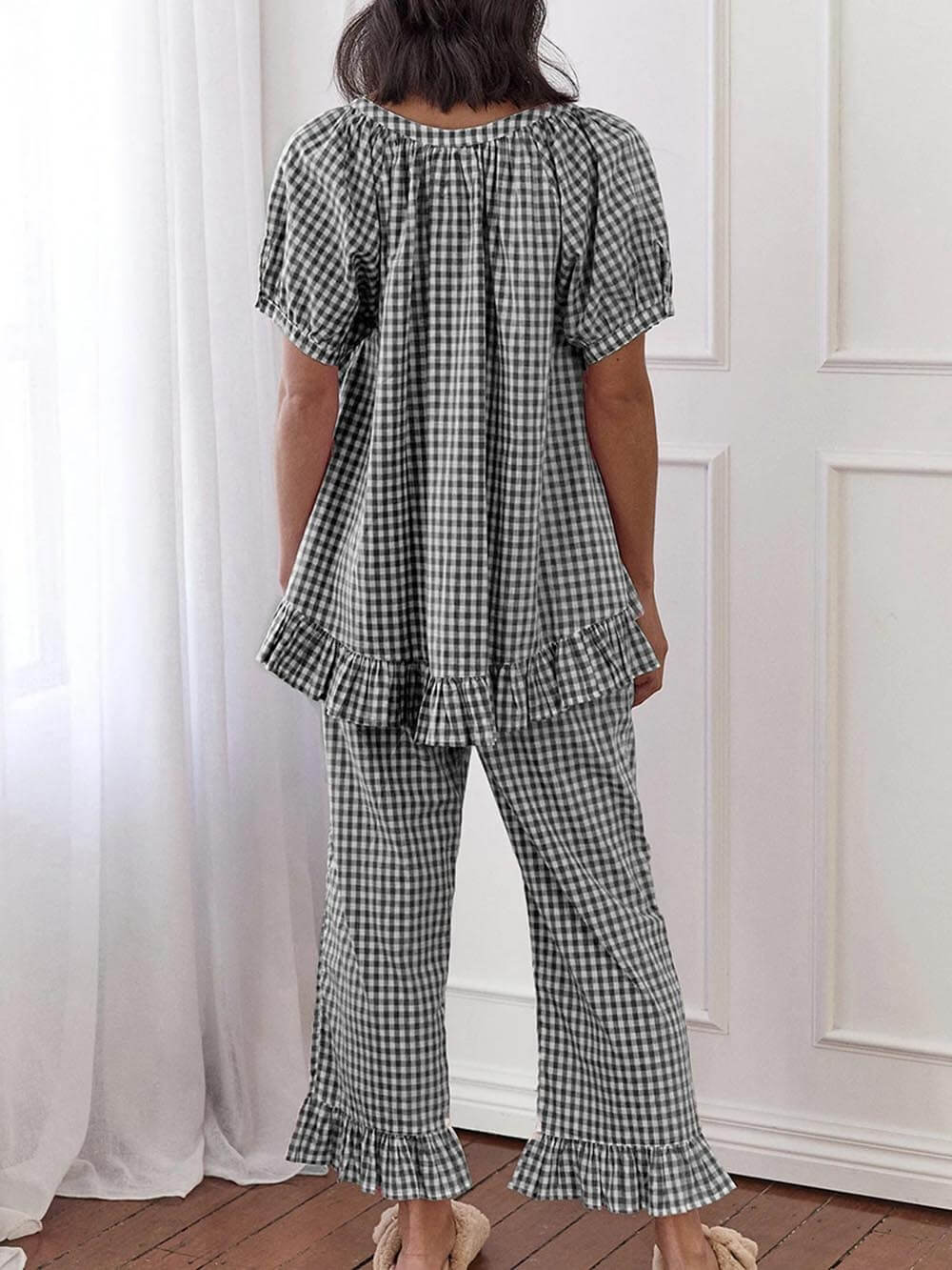 Casual Ruffled Plaid Print Shirt Pajama Set-Massicos