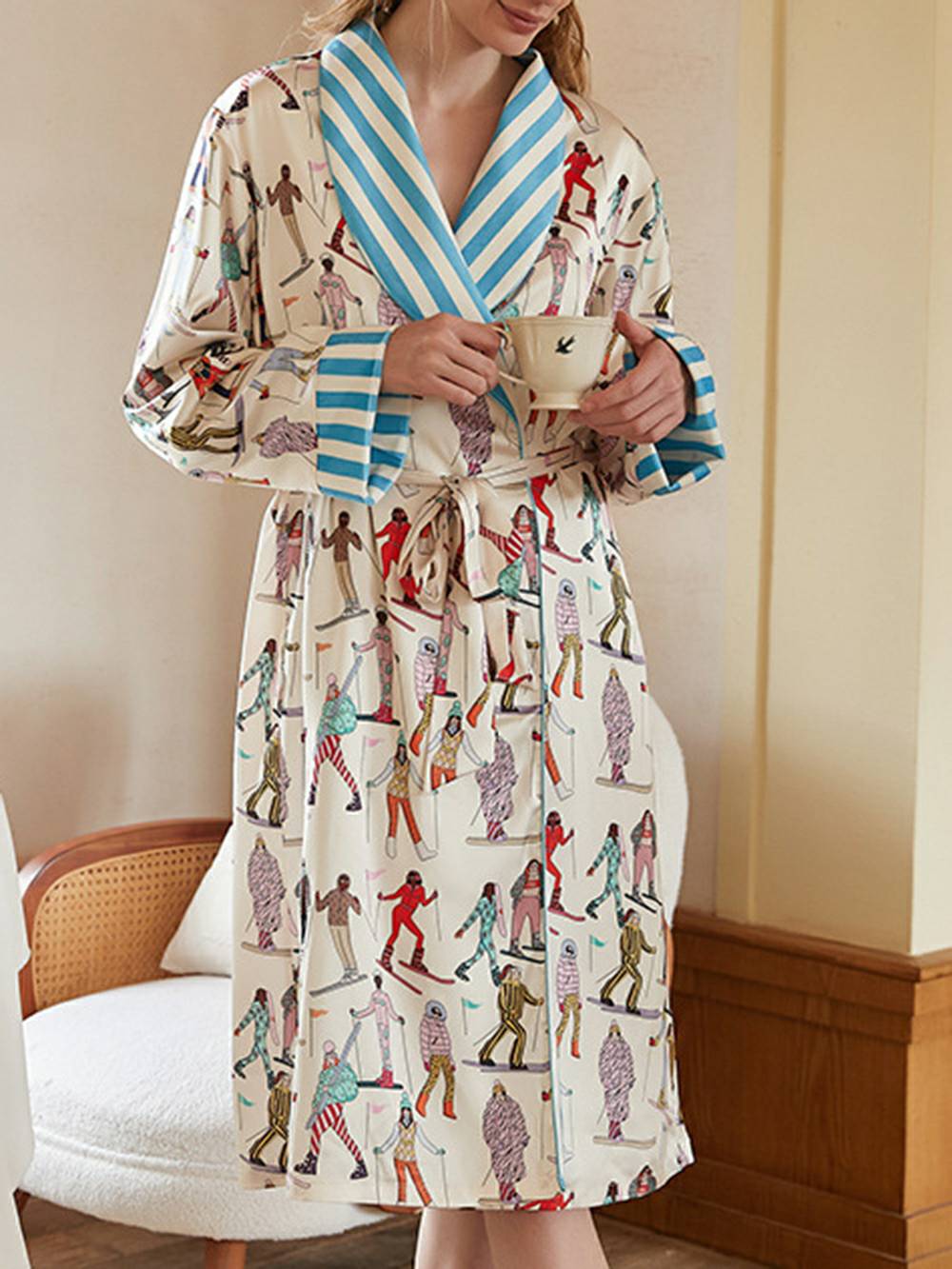Ski Sports Print Silk Robe Set-Massicos