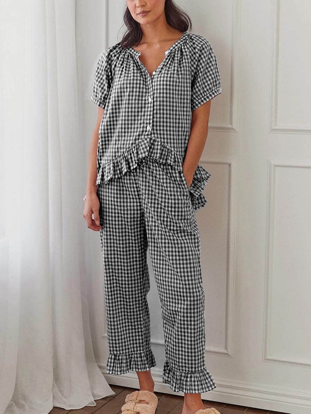 Casual Ruffled Plaid Print Shirt Pajama Set-Massicos
