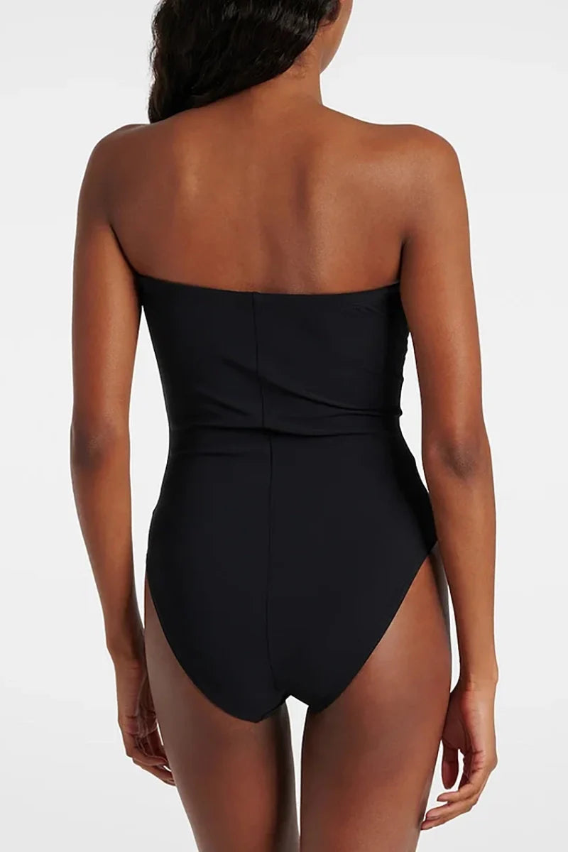 3D Floral Strapless Black Swimsuit-ROVOLE