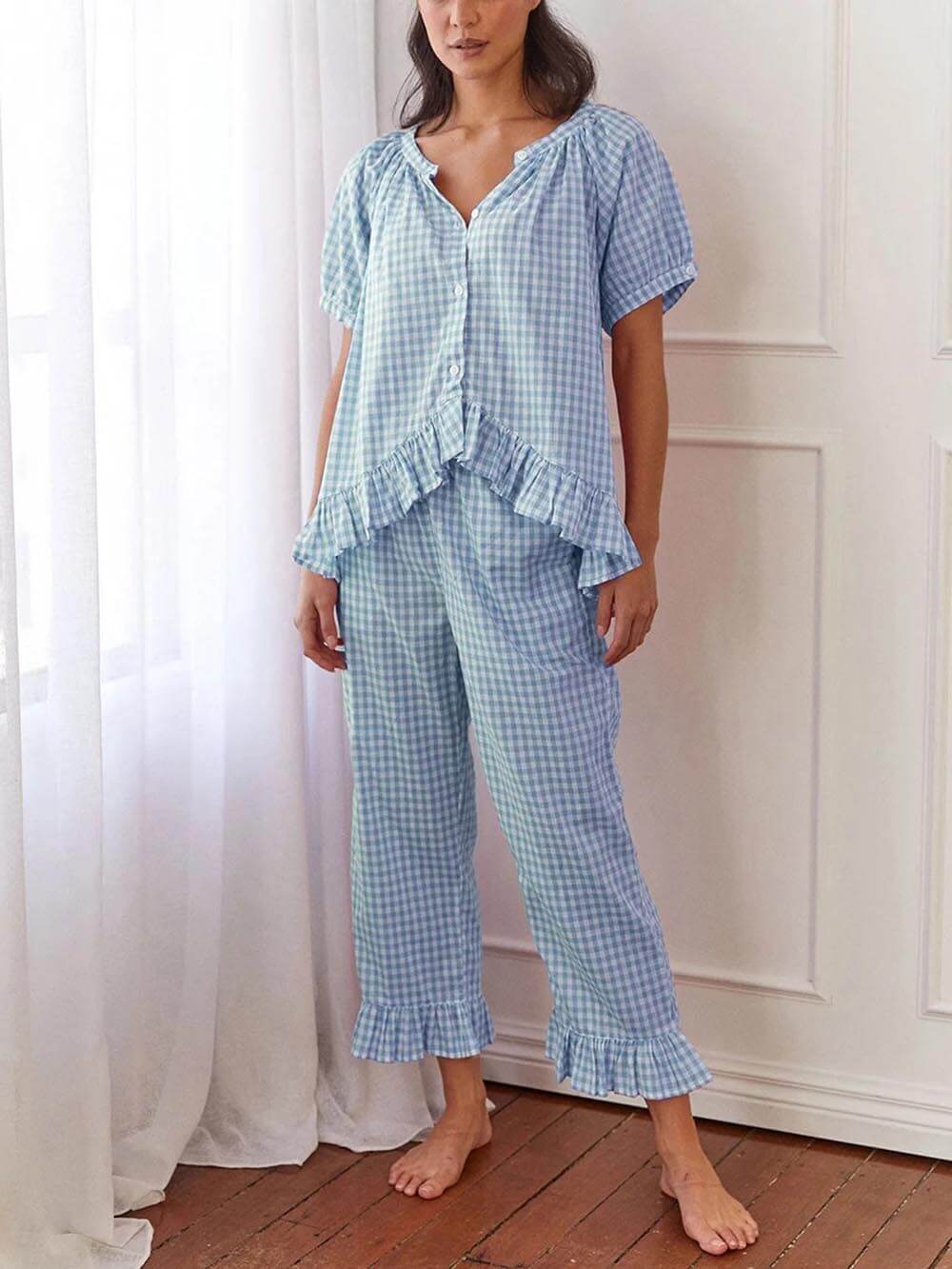 Casual Ruffled Plaid Print Shirt Pajama Set-Massicos