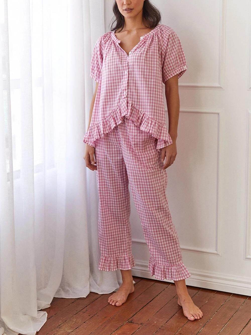 Casual Ruffled Plaid Print Shirt Pajama Set-Massicos