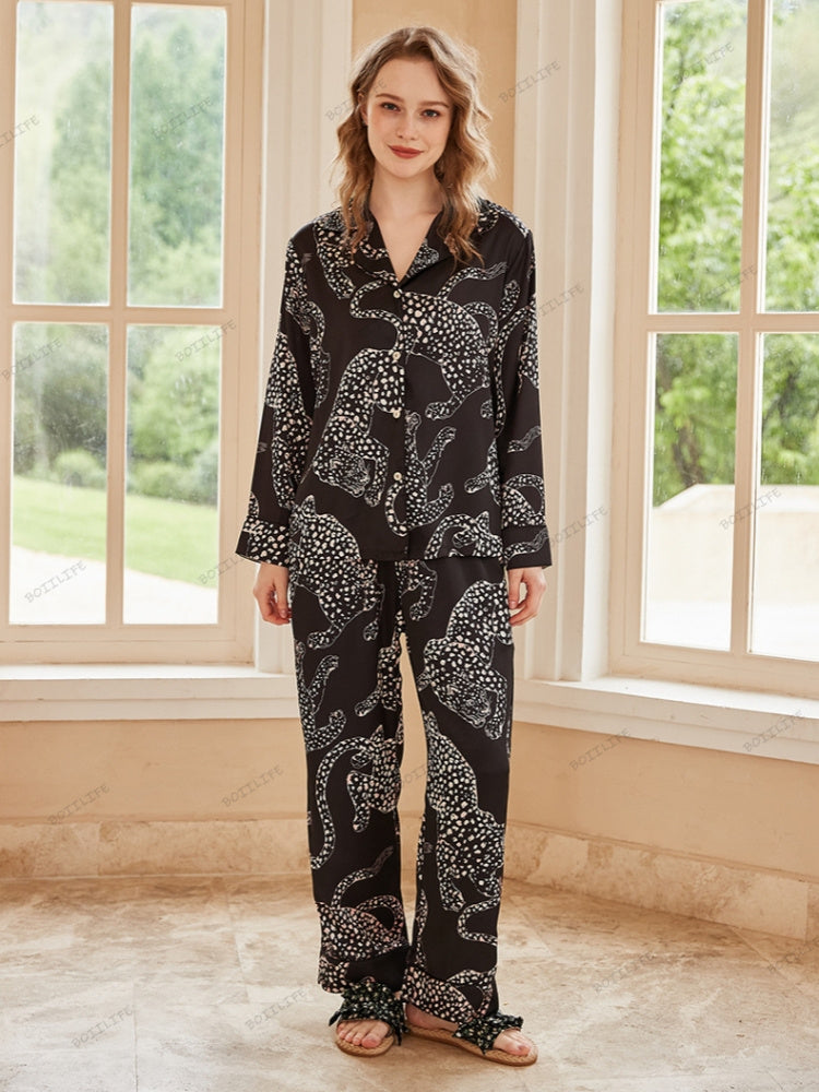 Black Jaguar Print Silk Ice Long-Sleeve Pajama Set-Massicos