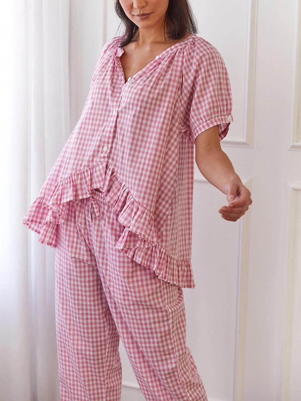 Casual Ruffled Plaid Print Shirt Pajama Set-Massicos